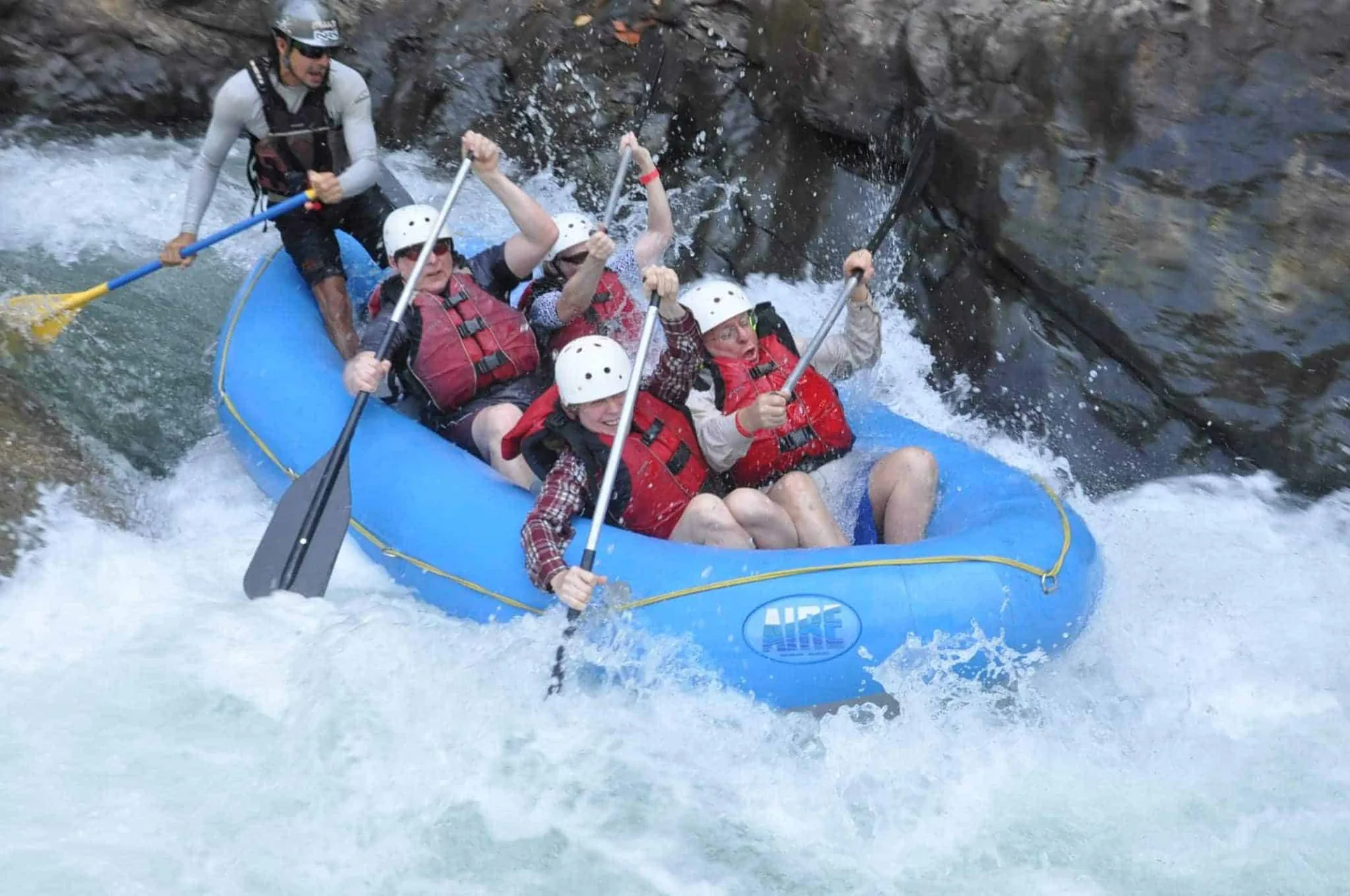 Raft navigating the narrow El Chorro canyon on the upper Naranjo River