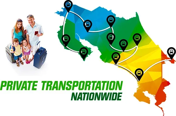 Map of Tucanes Tours shuttle routes across Costa Rica from the Central Pacific